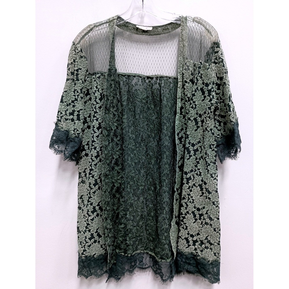 Easel BOHO Fairy Kimono Cardigan Womens Large Green Floral Lace Sheer Open